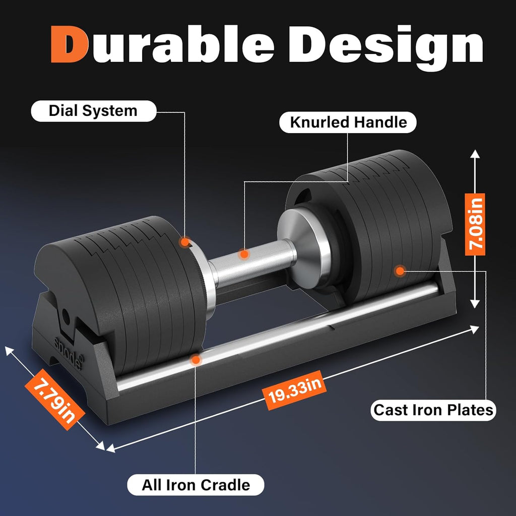 SNODE AD80 Adjustable Dumbbell Set - Drop Proof 80 lbs with Cast Iron Plates & Knurled Handle | Compact Home Gym Equipment