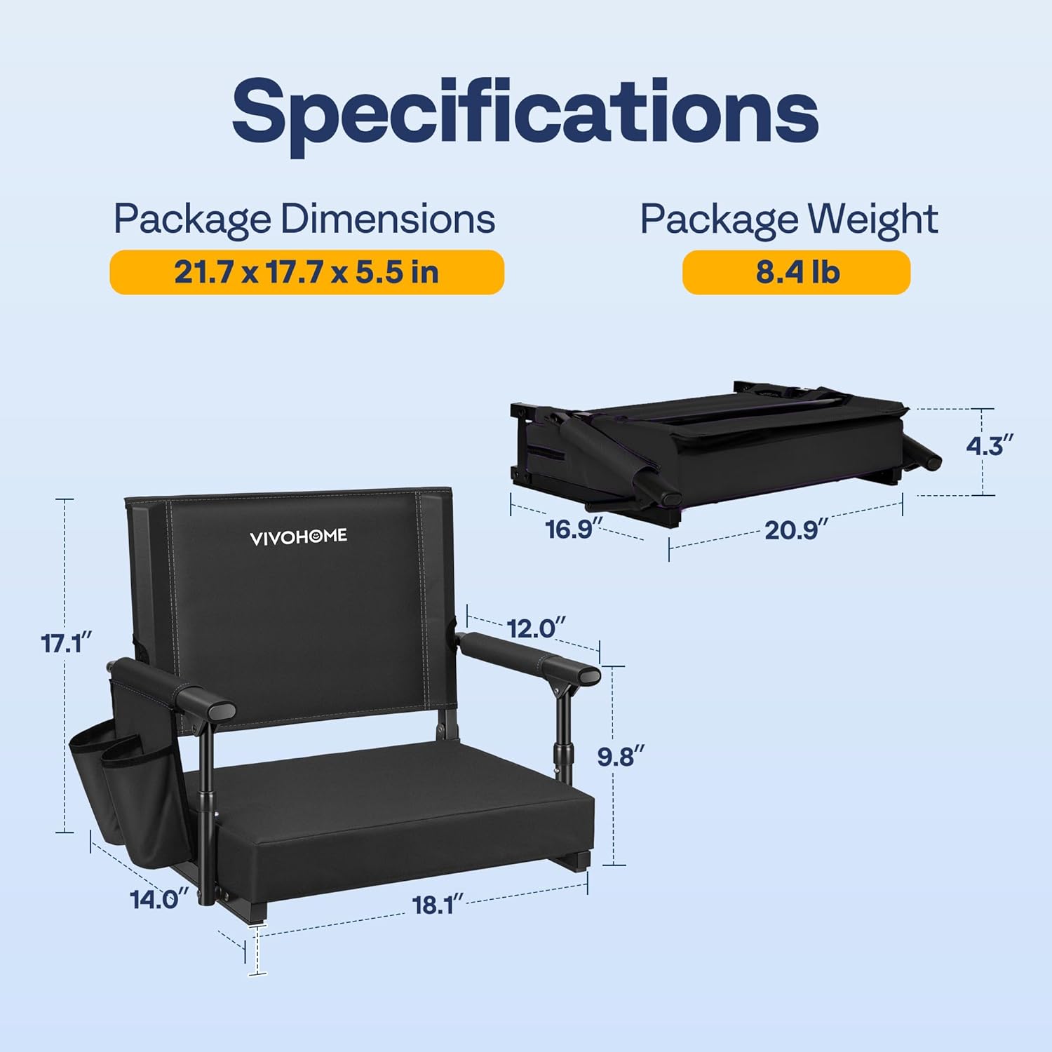 VIVOHOME Portable Stadium Seat - Comfortable Bleacher Chair with Back Support & Cup Holder | Black