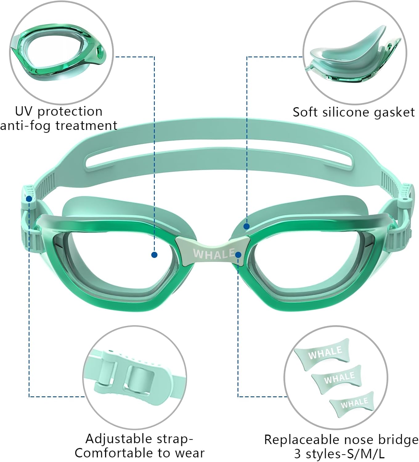 Whale Kids Swim Goggles - Anti-Fog & UV Protection | Adjustable Youth Goggles for Ages 6-14