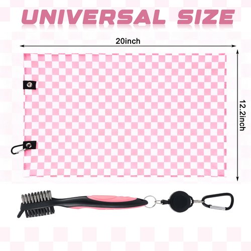 Hillsuren 3 Pcs Pink Golf Towel and Brush Set 2 Pcs Pink and White Checkered Towels with Clip 1 PC Club Brush Microfiber Towels for Golf Bags Accessories Kit