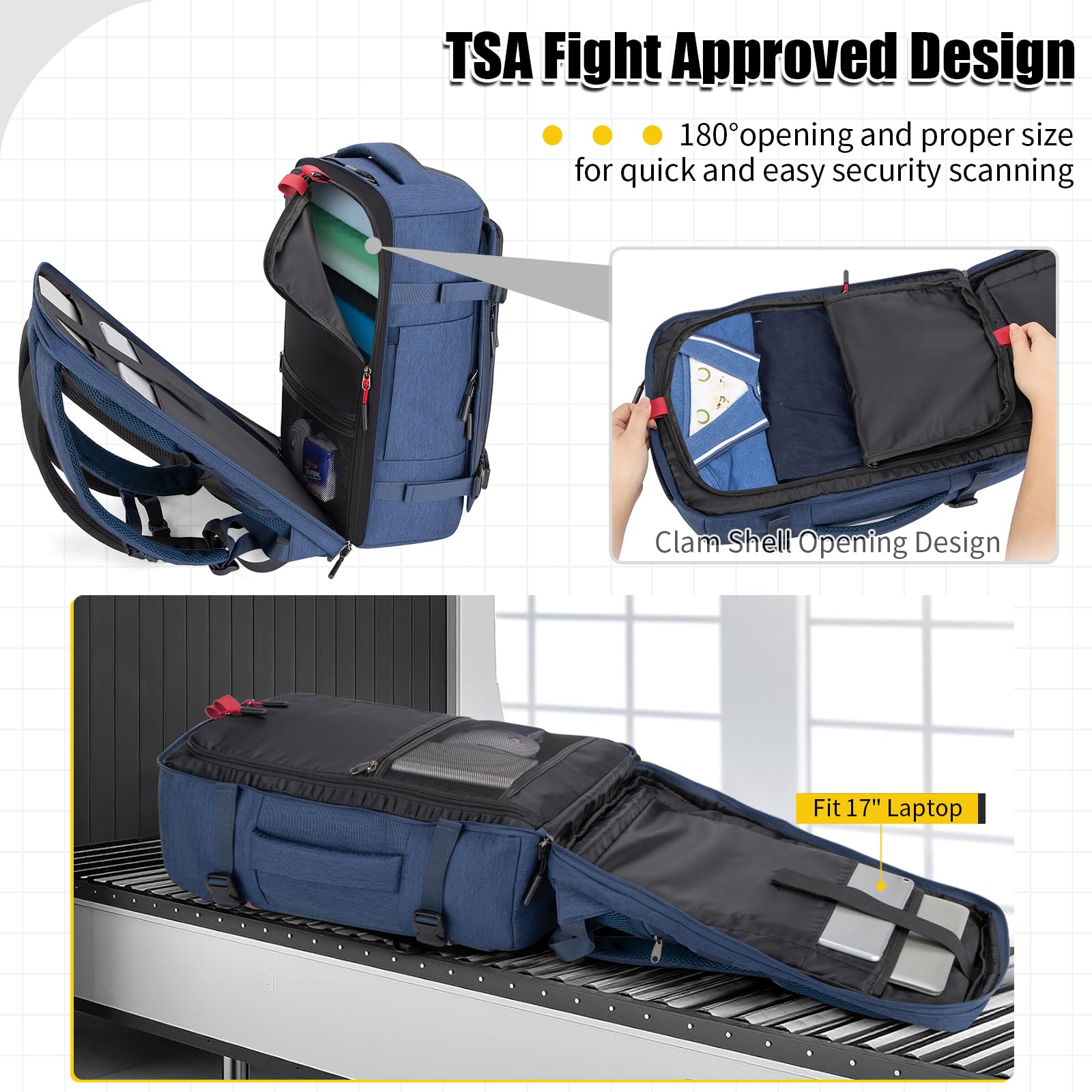Velaybor 42L Travel Backpack with 4 Packing Cubes, TSA Friendly Flight Approved Carry-On Bag with USB Charging Port, Water-Resistant Weekender Business Backpack for Men Women, Fits 17.3" Laptop(Blue)
