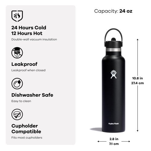 Hydro Flask Water Bottle - Insulated Stainless Steel - Straw Lid, Non Spill, Leakproof 24 Oz Indigo Blue