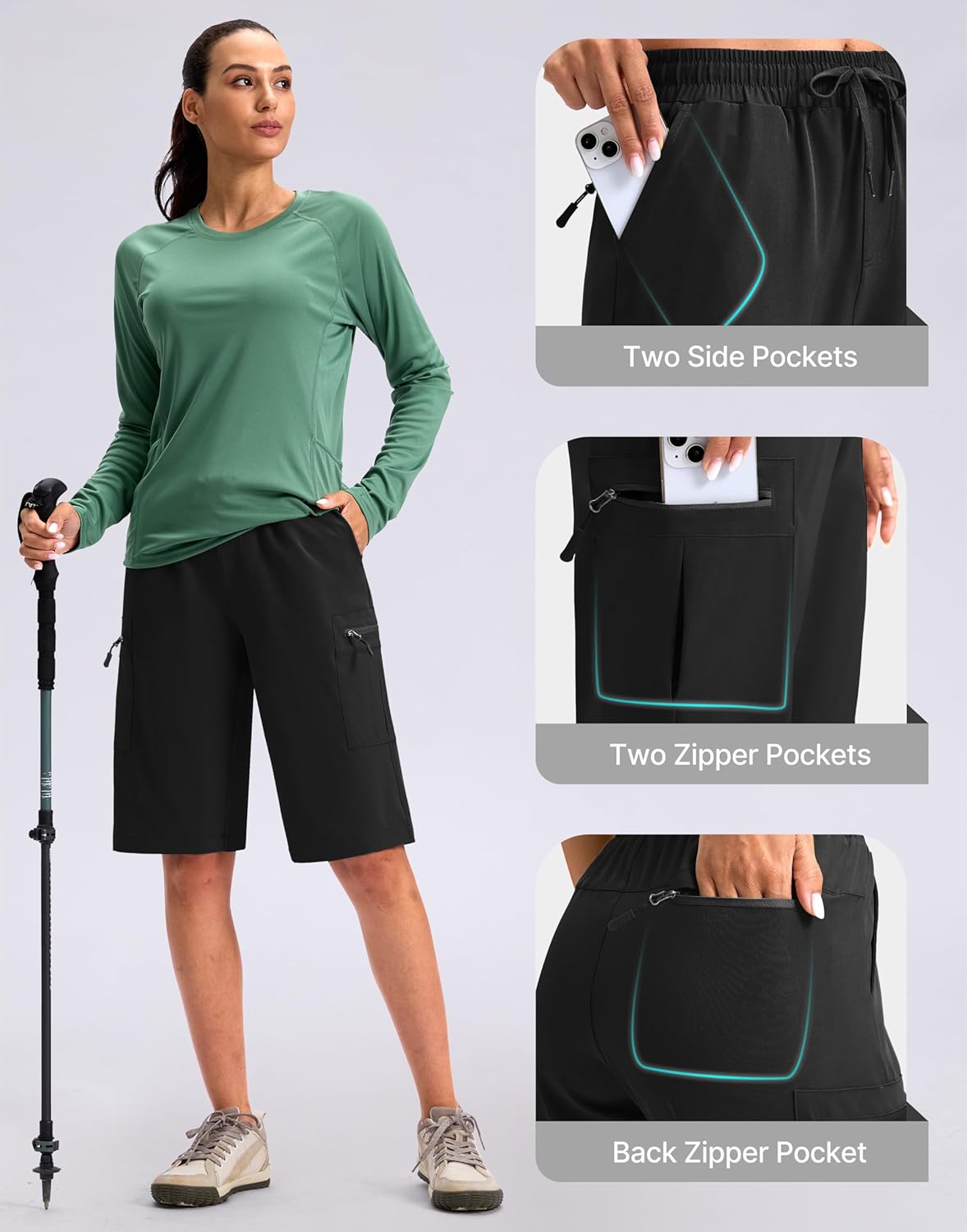 Viodia Women's Hiking Shorts - Knee-Length Cargo Bermuda with Zipper Pockets | Quick-Dry Summer Style
