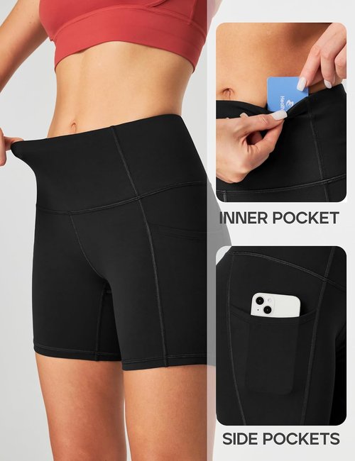 Heathyoga Biker Shorts for Women - High Waisted Tummy Control Workout Shorts with Pockets - 5" Spandex