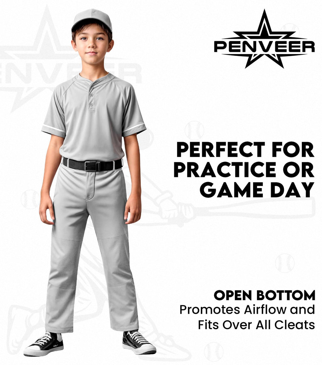 Penveer Youth Baseball Pants, Full Length Open Bottom Boys Baseball Pants with Durable Snap, Softball Pants, T Ball Pants