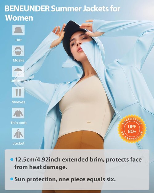 BENEUNDER Women's Lightweight UPF 50+ Sun Protection Hoodie Jacket - Long Sleeve Activewear for Outdoor Workouts