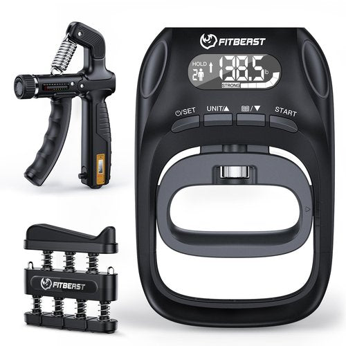 FitBeast Grip Strength Trainer Kit, Digital Grip Strength Tester with Adjustable Hand Gripper Strengthener & Finger Exerciser, Track Progress for Fitness, Rehab & Strength Building (Advanced 3-in-1 Kit)