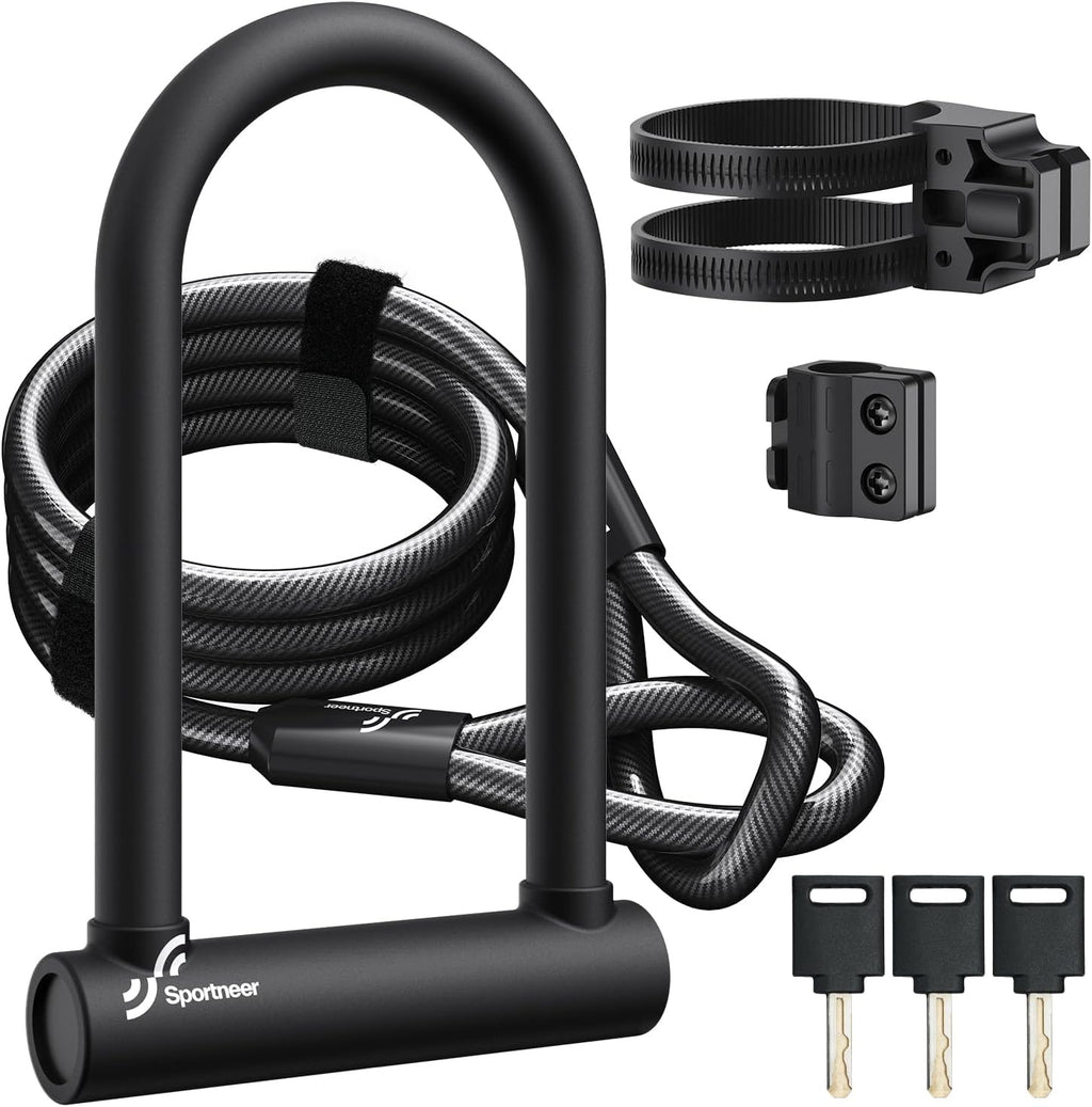 Sportneer Bike U Lock - Heavy Duty 18mm Shackle with 6ft Security Cable | Sturdy Mounting Bracket for All Bikes, 9.85''x6.3''