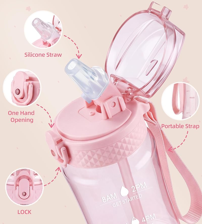 OLDLEY Kids Water Bottle with Straw 12oz Cherry Blossom - Tritan BPA-Free, Time Marker