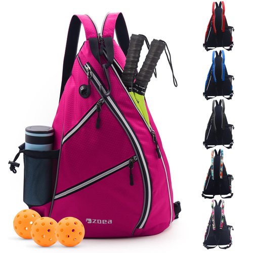 ZOEA Pickleball Bag, Sport Pickleball Sling Bag for Women Man, Adjustable Pickleball Backpack with Water Bottle Holder, Fits 4 Paddles and All Your Other Gear (Rose Red)