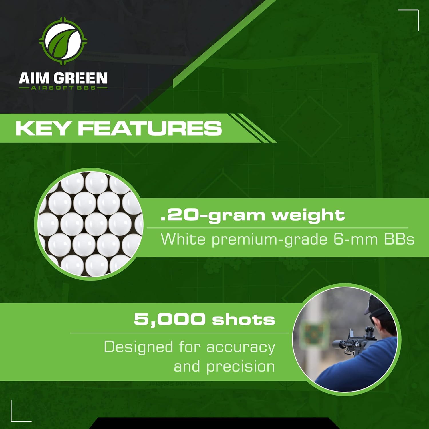 Aim Green Biodegradable Airsoft BBs - Premium 6mm, 20g to 40g, Available in 2,500 to 10,000 Count