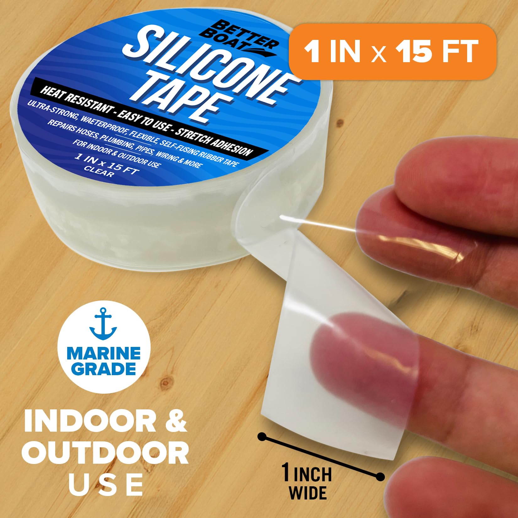 Better Boat Self Fusing Silicone Tape Waterproof Clear, Plumbing Tape for Leaks, Hose and Pipe Repair Tape, 1 in x 15 ft