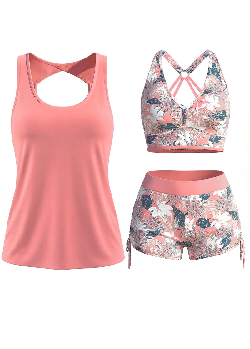 Tankini Swimsuit Set for Women with Board Shorts - Peach Pink Large
