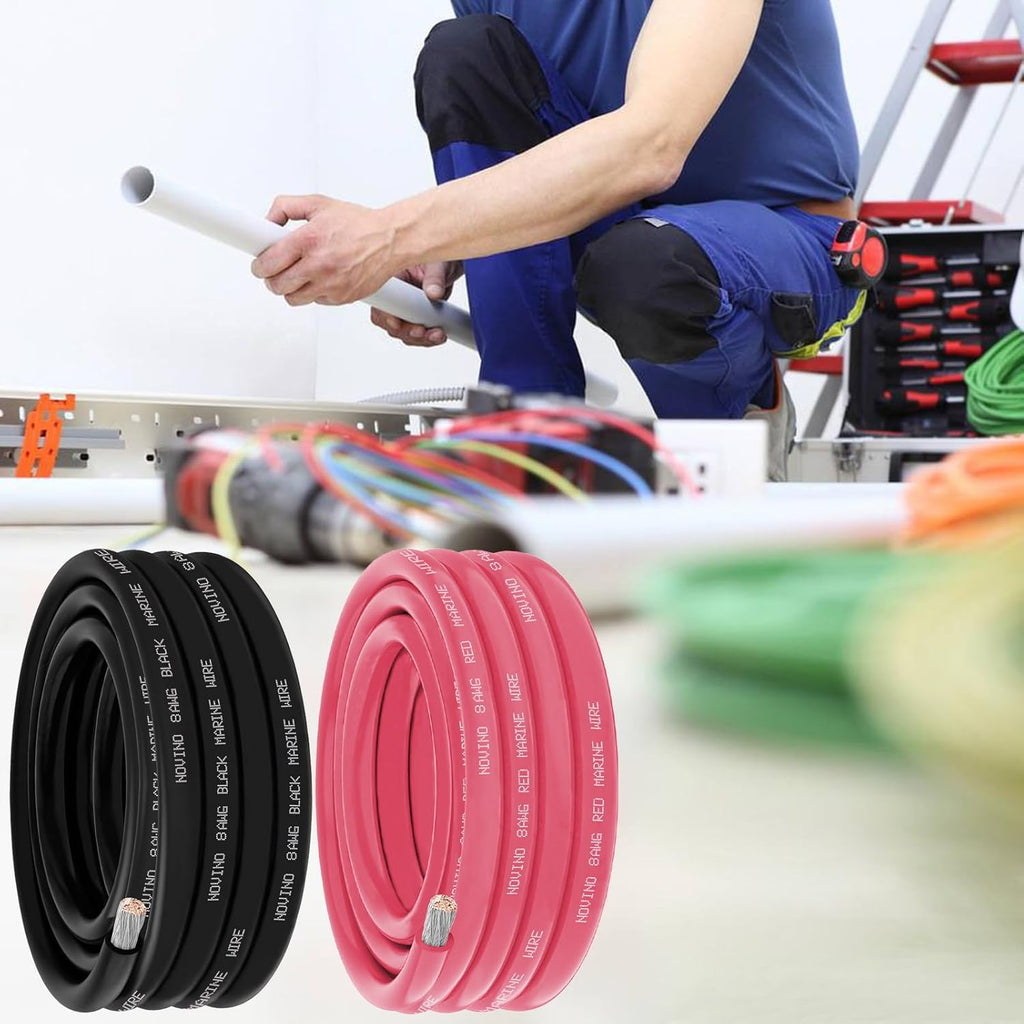 **8 AWG Marine Grade Wire - Tinned Copper Oxygen-Free Electrical Cable | 15FT Red & 15FT Black**