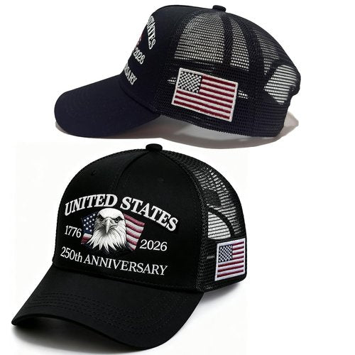 Bcefuho 250 Anniversary USA Hat 250th Anniversary USA hat 1776-2026 Embroidery Black Adjustable Mesh-Back Cap