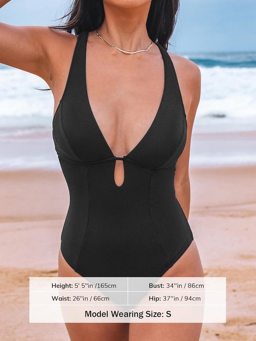 CUPSHE One Piece Swimsuit - Deep V Neck Keyhole Cutout Design | Textured Bathing Suit for Women
