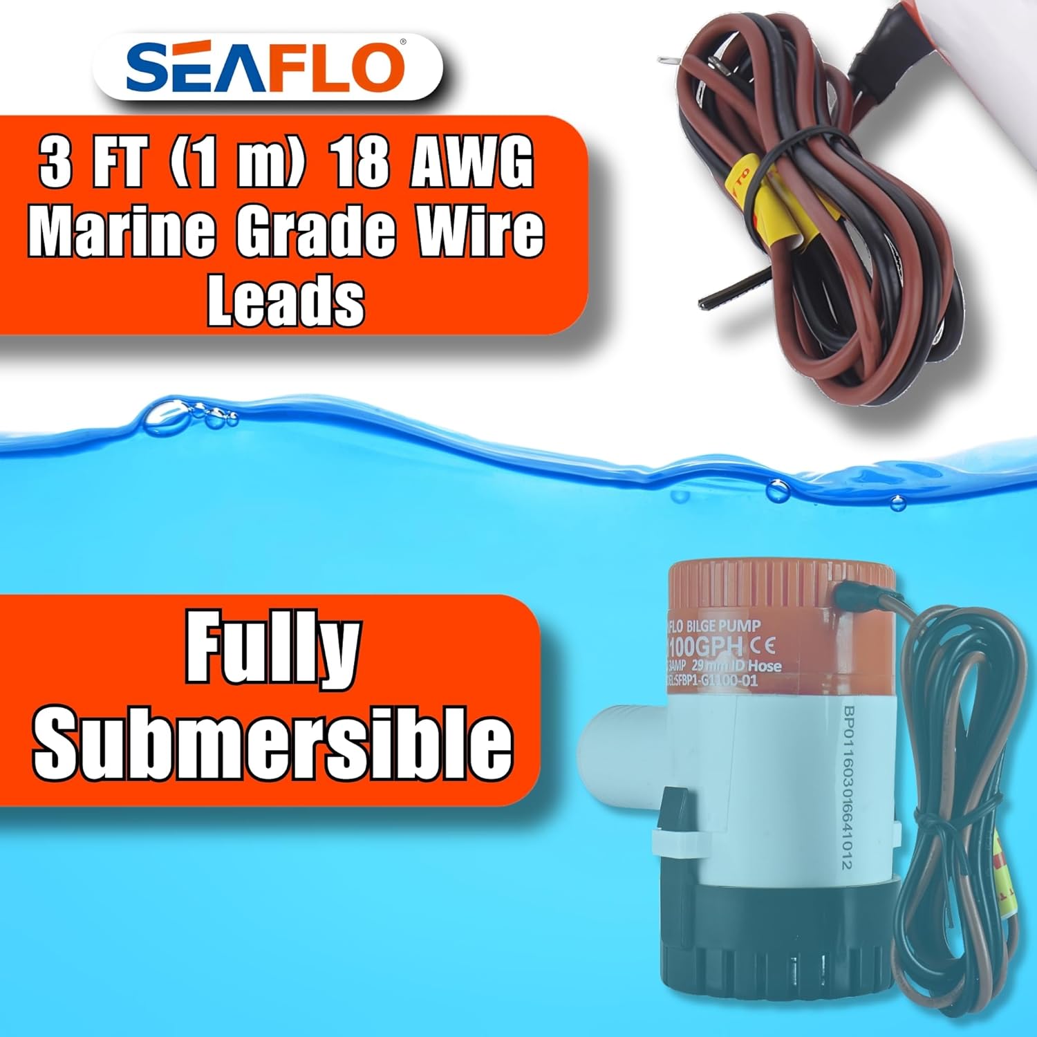 SEAFLO 01 Series 1100 GPH Bilge Pump - 12V Marine Submersible Pump with Anti-Airlock Protection | 4-Year Warranty