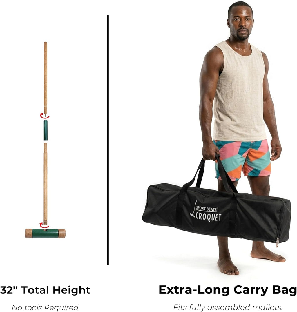 Sport Beats Croquet Set - Six Player Rubberwood Mallets, 32 Inch, Carry Case Included | Perfect for Outdoor Fun