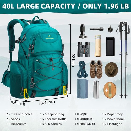 Maelstrom Hiking Backpack, 40L Waterproof Camping Daypack for Men and Women, Lightweight Travel Pack with Rain Cover (Green)