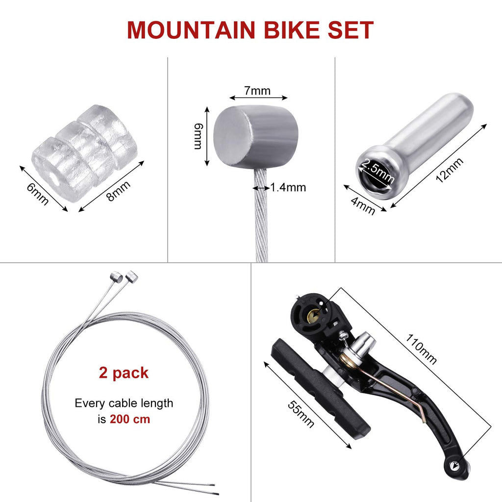 Universal Mountain Bike Brakes Set - 2 Pairs, Replacement for Most Bicycles, Includes 2 Pieces Brake Cables, Gear Shift Cable Wire, End Caps, End Ferrules(Black)