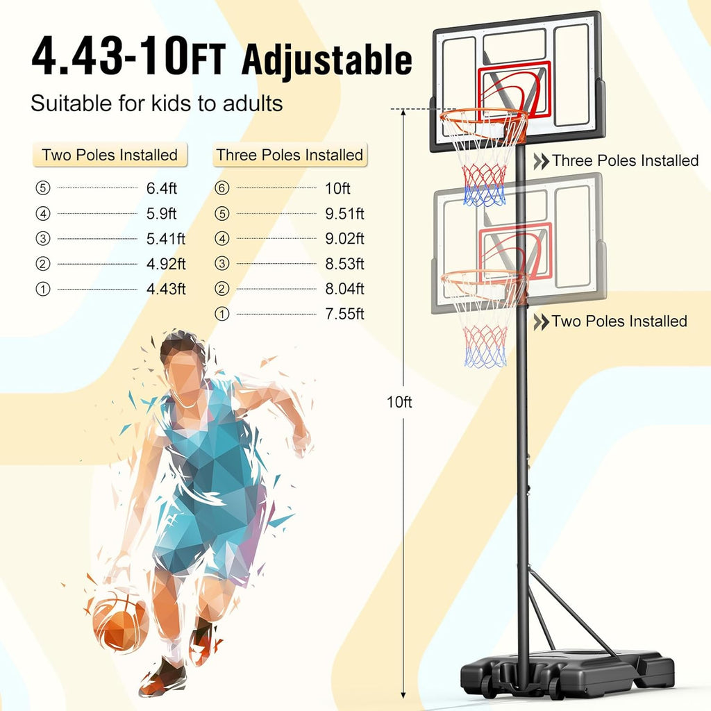 TONBUX Adjustable Basketball Hoop - 10FT Portable Goal with 44 Inch Backboard for Kids & Adults