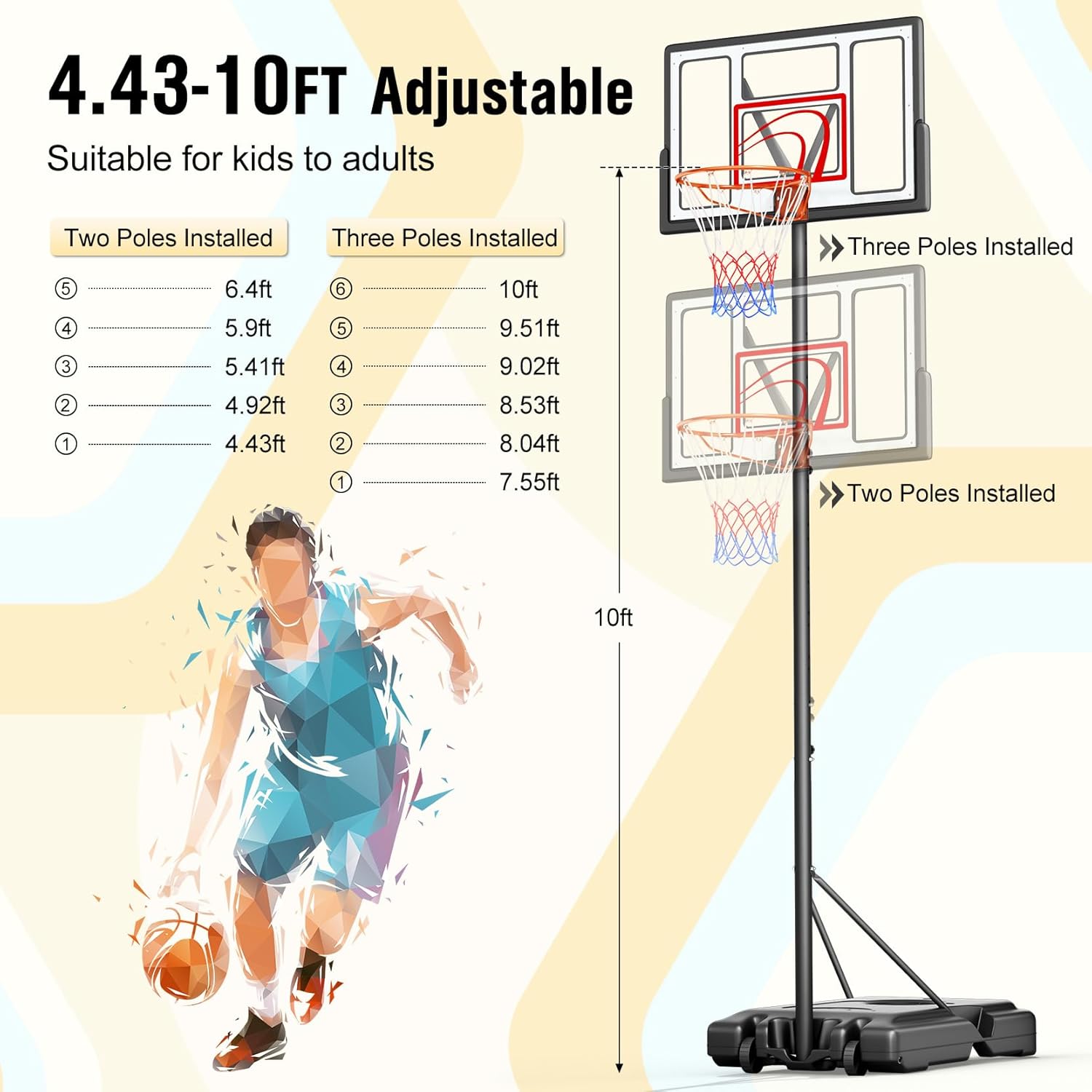 TONBUX Adjustable Basketball Hoop - 10FT Portable Goal with 44 Inch Backboard for Kids & Adults