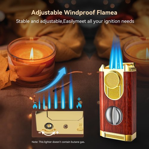 All-in-One Triple Torch Lighter, Built-in V Cutter, Holder, Adjustable Windproof Jet Flames Lighter, Refillable Butane Design, Ideal Gift for Men with Gift Box (Butane not Included)