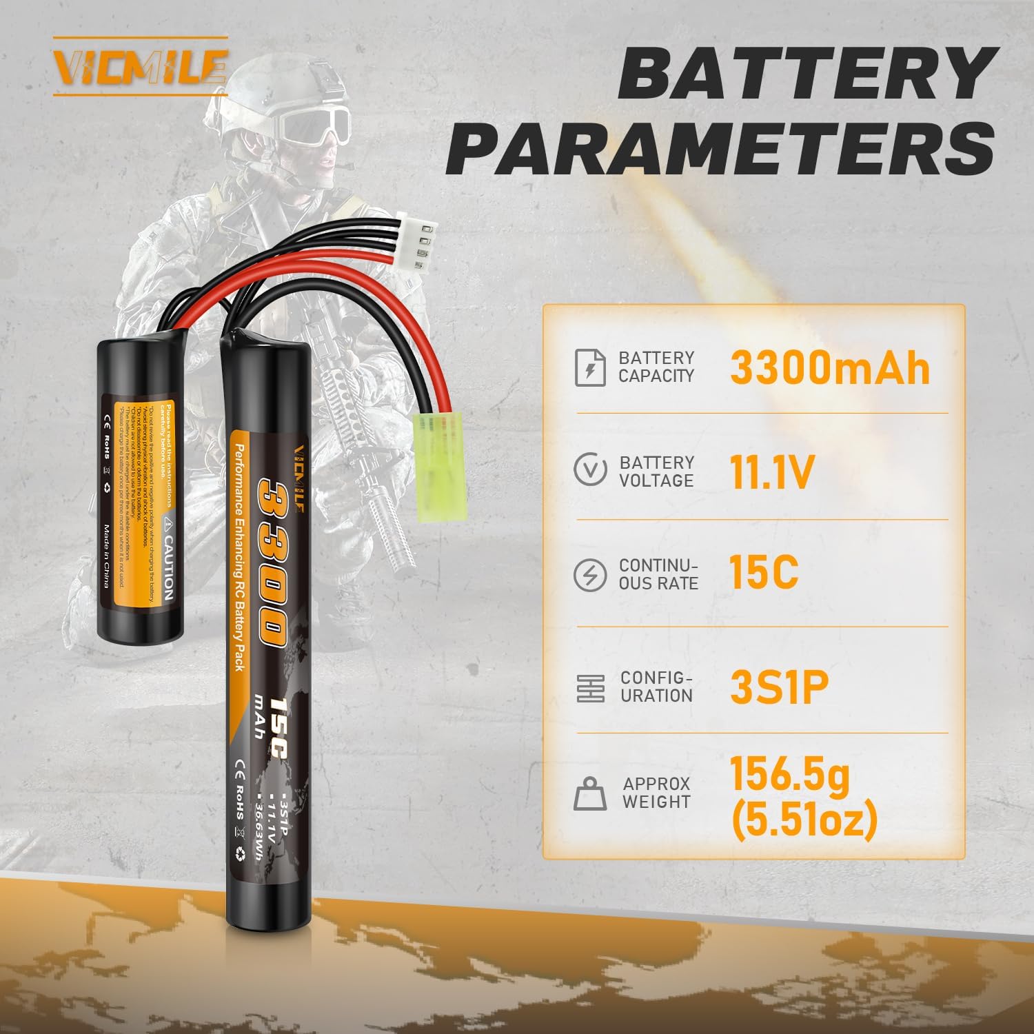 Skiennix 3300mAh Airsoft Battery - 11.1V Nunchuck Rechargeable Battery for AEG AK47 M4 MP5