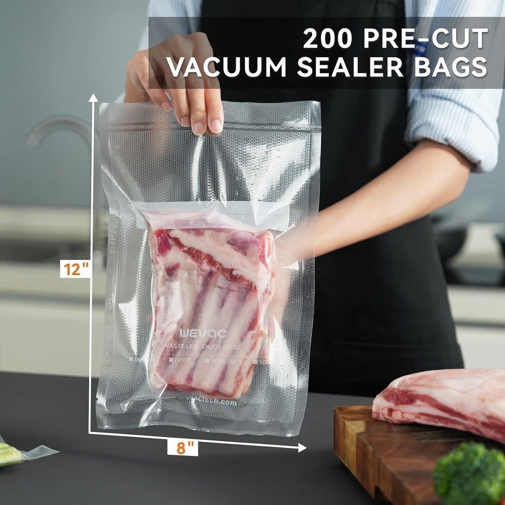 Wevac Vacuum Sealer Bags - Heavy Duty 8" x 12" Precut, 200 Count with Liquid Block & Bone Guard