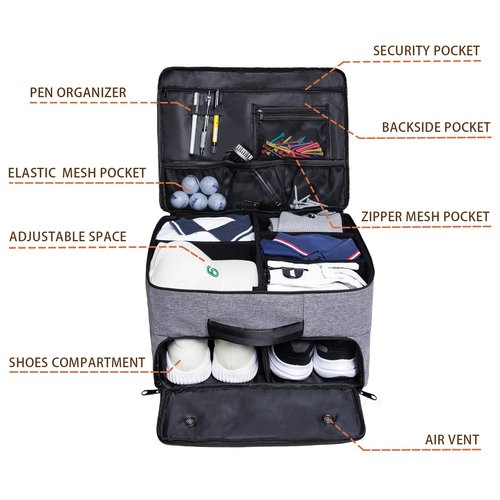MAQTOIZ Golf Trunk Organizer 2 Layer, Car with Ventilated Compartment for Pair Shoes, Storage Locker Accessories, Balls, Tees, Clothes, Gloves, Gifts Men Grey