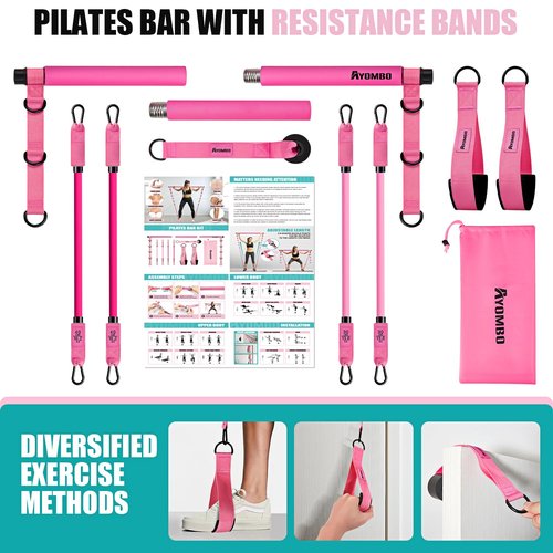 Ayombo Pilates Bar Kit with Resistance Bands, Adjustable Pilates Equipment for Legs, Hip, Waist, Arm, Squats Exercise Equipment for Home Gym Workouts, 3-Section Pilates Bar Kit for Women & Men