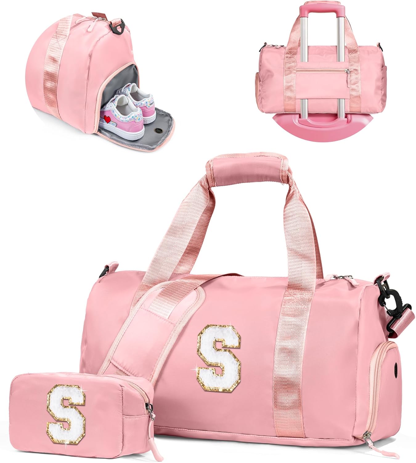 Skiennix Girl Gym Bag - Stylish Gymnastics Bag with Shoe Compartment & Makeup Pouch | Perfect Birthday Gift for 8-Year-Olds (Letter R)