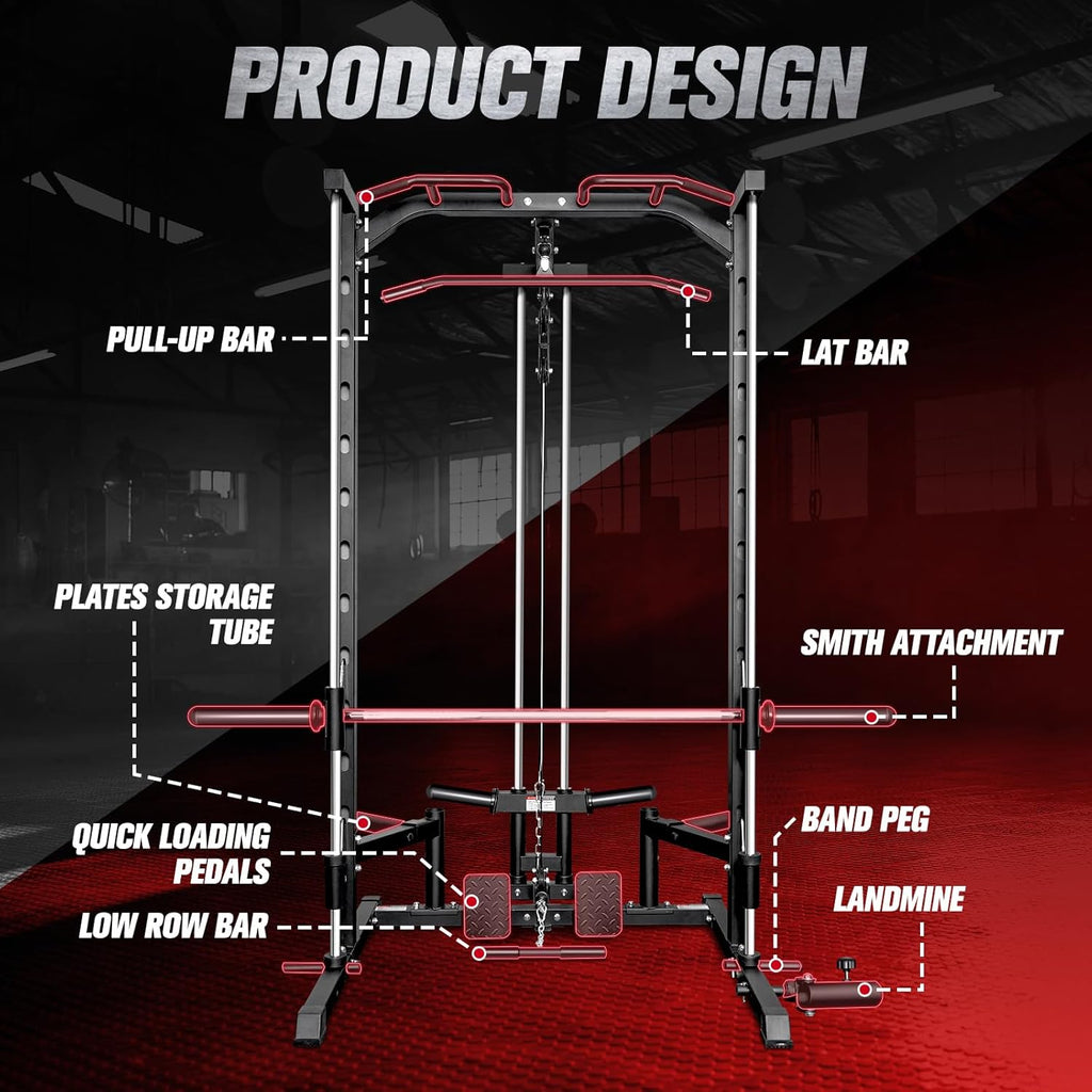 RitFit Smith Machine Power Rack - Versatile LAT Pull Down System & Barbell Training Attachments
