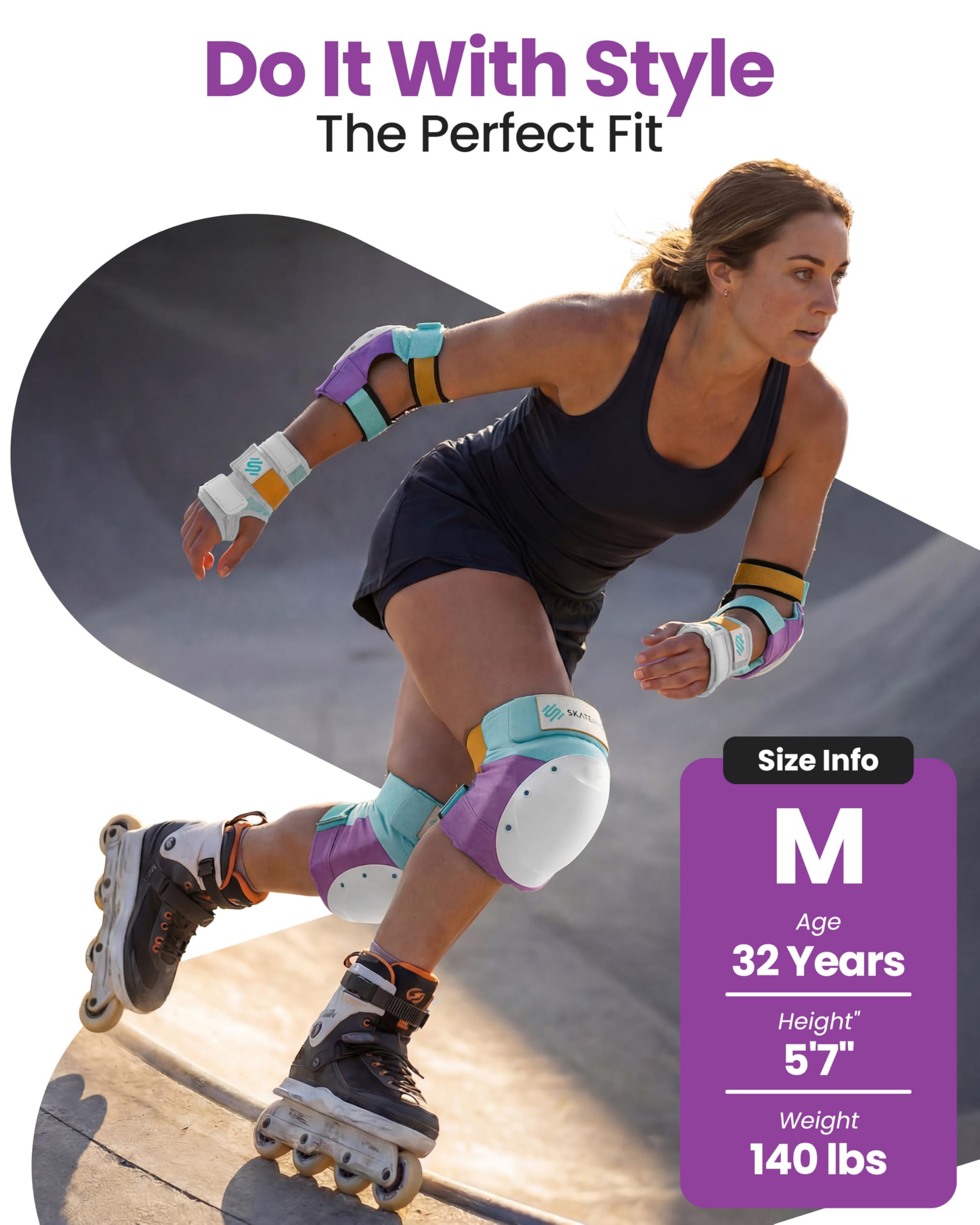 SKATEWIZ Knee and Elbow Pads Adult - Skating Protective Gear Adult - Shield - Size M/L Lavender Blue - Skateboard Pads with Wrist Guards for Inline Skates, Roller Skate - Ice Skates for Women