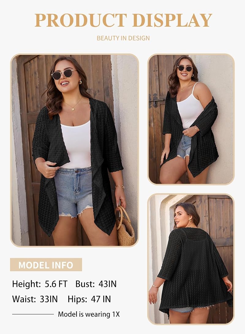 Plus Size Lightweight Cardigan for Women - Kimono Beach Cover Up, Half Sleeve, Hollow Out
