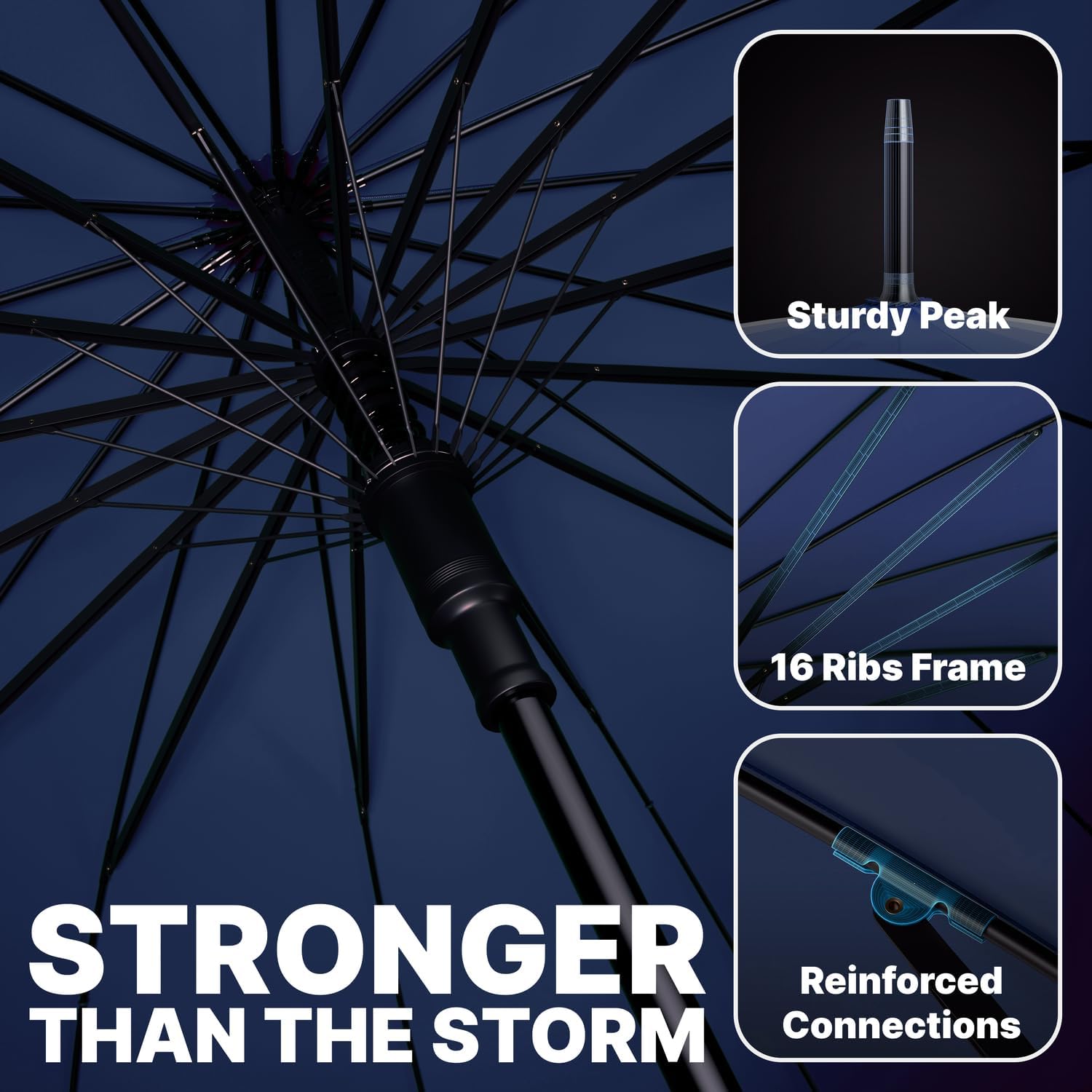Royal Walk Large Windproof Umbrella for 2 - Navy Blue, 54 Inch, Auto Open, Wooden Handle, 16 Ribs