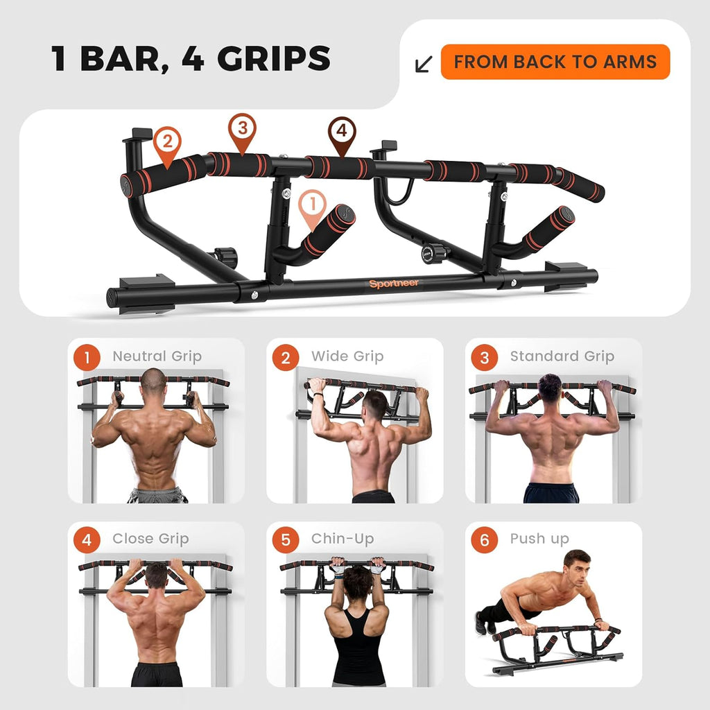 Sportneer Pull-Up Bar for Doorway - Multi-Grip Upper Body Trainer, 440lb Capacity, Indoor Fitness