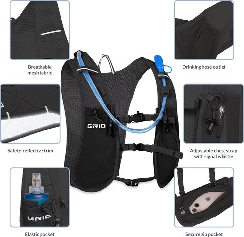 GRIO Hydration Running Vest - Lightweight Water Backpack with 1.5L Bladder | Breathable & Reflective for Hiking, Cycling, Marathon