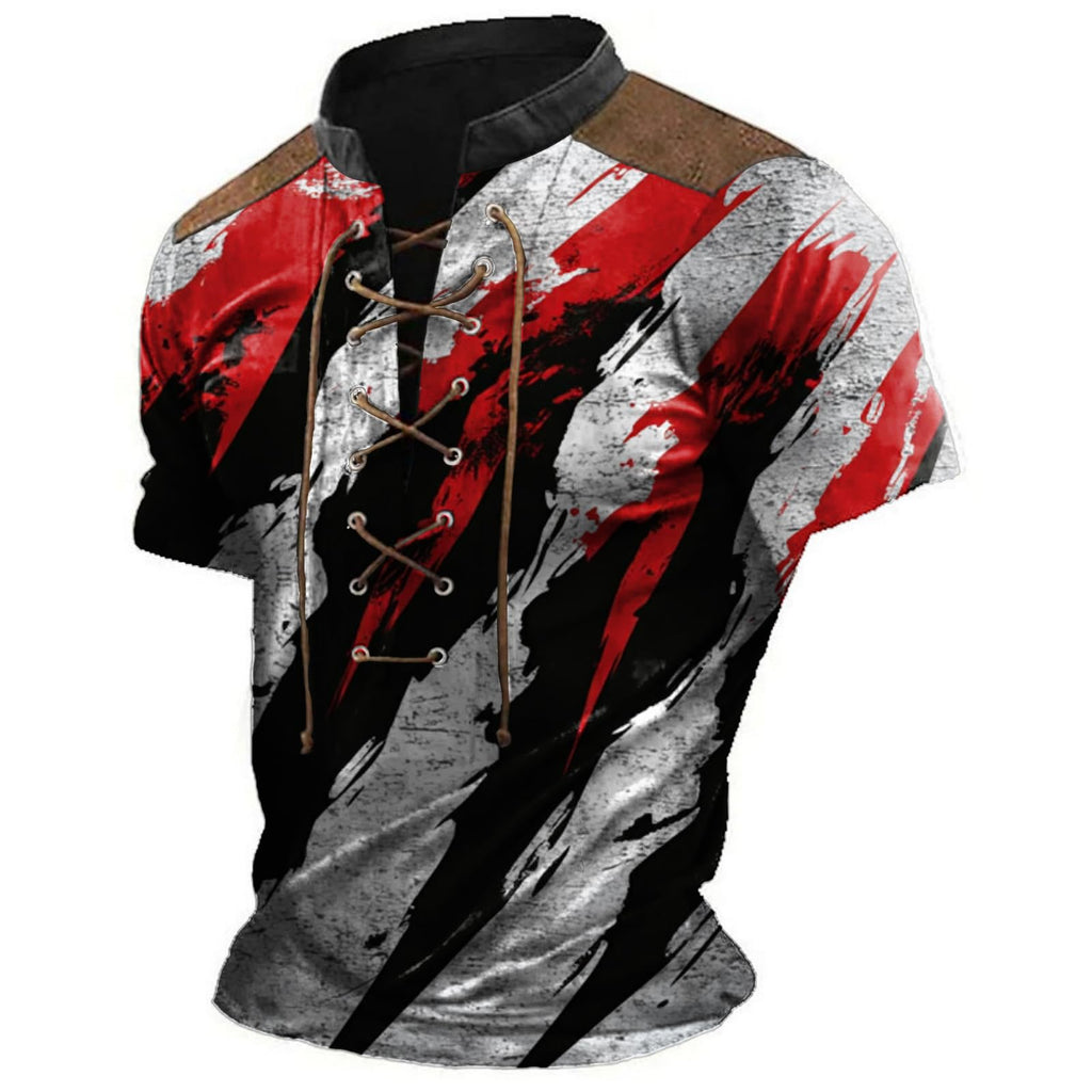 MARSVOVO Tactical Polo Shirts for Men Lace Up Patchwork Neck Cowboy Western Totem Camo Print Lightweight Short Sleeve Drawstring Classic Workout Undershirt 3XL