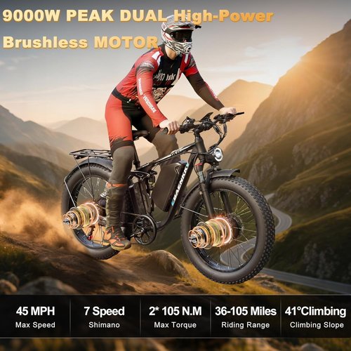 **Skiennix 9000W Dual Motor Electric Bike - 24" Fat Tire, 45MPH Speed, Long Range, Full Suspension**