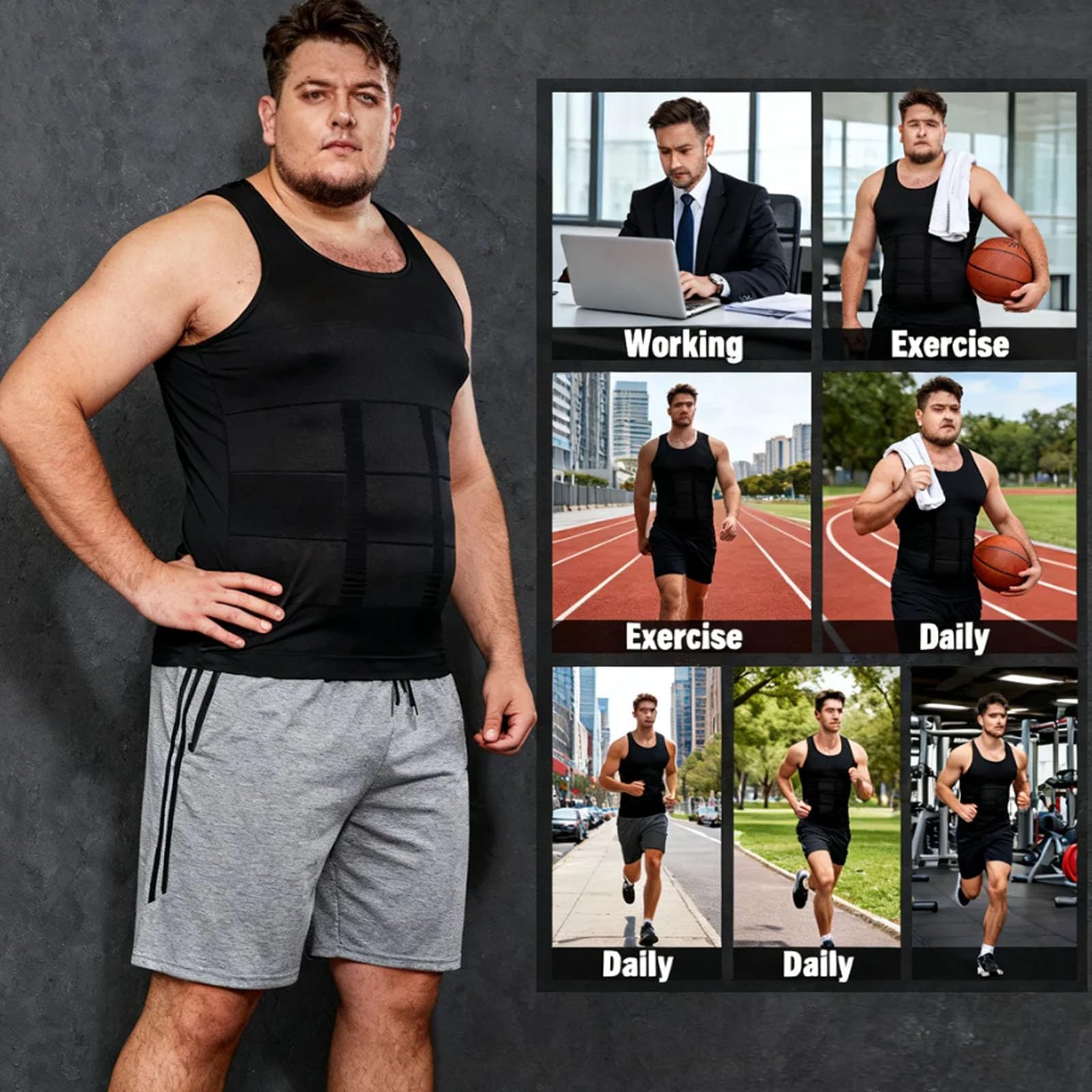 SELURE Shaping Tank Men 2.0 Compression Shirt Shapewear Workout Tops Breathable Shaper Vest Abs Abdomen Undershirt Black