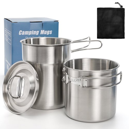 Nagpew 2 Pieces Stainless Steel Camping Cups, Stackable Camping Mugs with Storage Bag, Foldable Handles, Vented Lid, Metal Backpacking Cookware Bush Pot for Coffee, Tea, Hiking