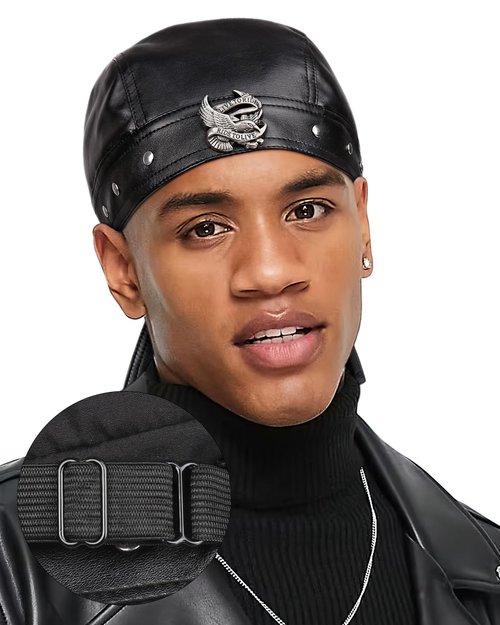 Black Leather Cap for Women & Men - Leather Biker Skull Cap with Eagle Rivets, Adjustable Motorcycle Bandana Style Head Wrap