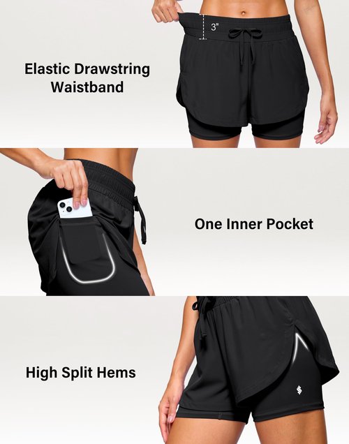 Soothfeel Women's 2 in 1 Running Shorts 5" Athletic Shorts High Waisted Workout Gym Tennis Exercise Shorts with Liner Pocket Black L