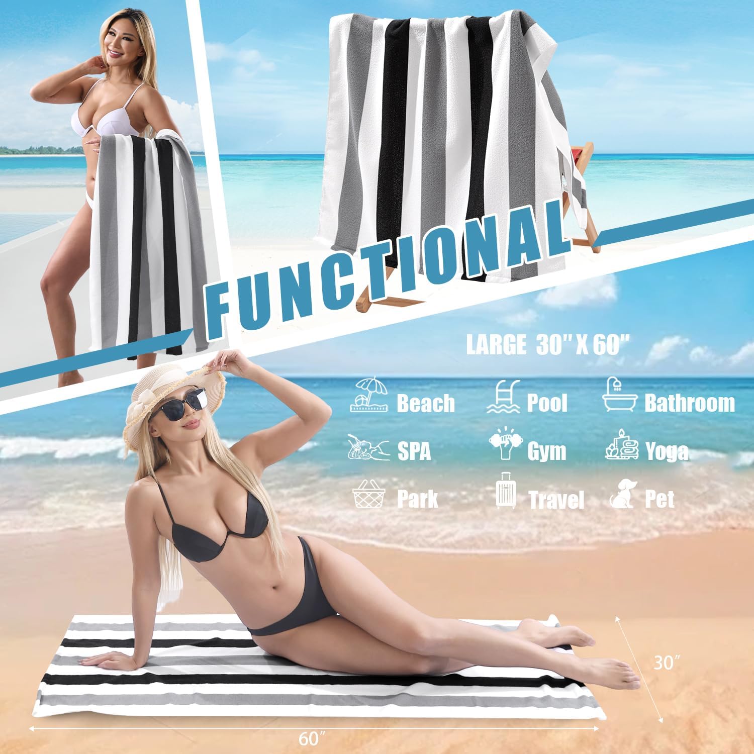 Skiennix Beach Towel Set - 4 Pack 30"x60" Quick-Dry, Sand-Free, Soft Absorbent Towels | Grey/Black