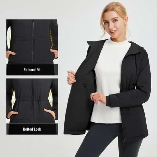baleaf Women's Winter Coat Long Puffer Jacket Quilted Jackets with Hood Warm Running Insulated Hiking Snow Black XL