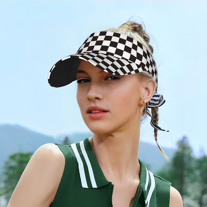 Sports Sun Visor Hat - Adjustable, Lightweight, Quick-Dry, UV Protection - Black/White Checkered Racing Flag Variation