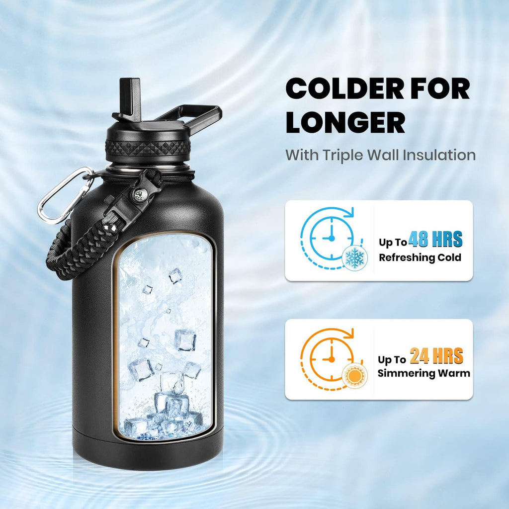 RAYMYLO Insulated Water Bottle - 64 oz Triple Wall Vacuum Stainless Steel | Cold for 48 Hrs, Leak Proof, Magic Black