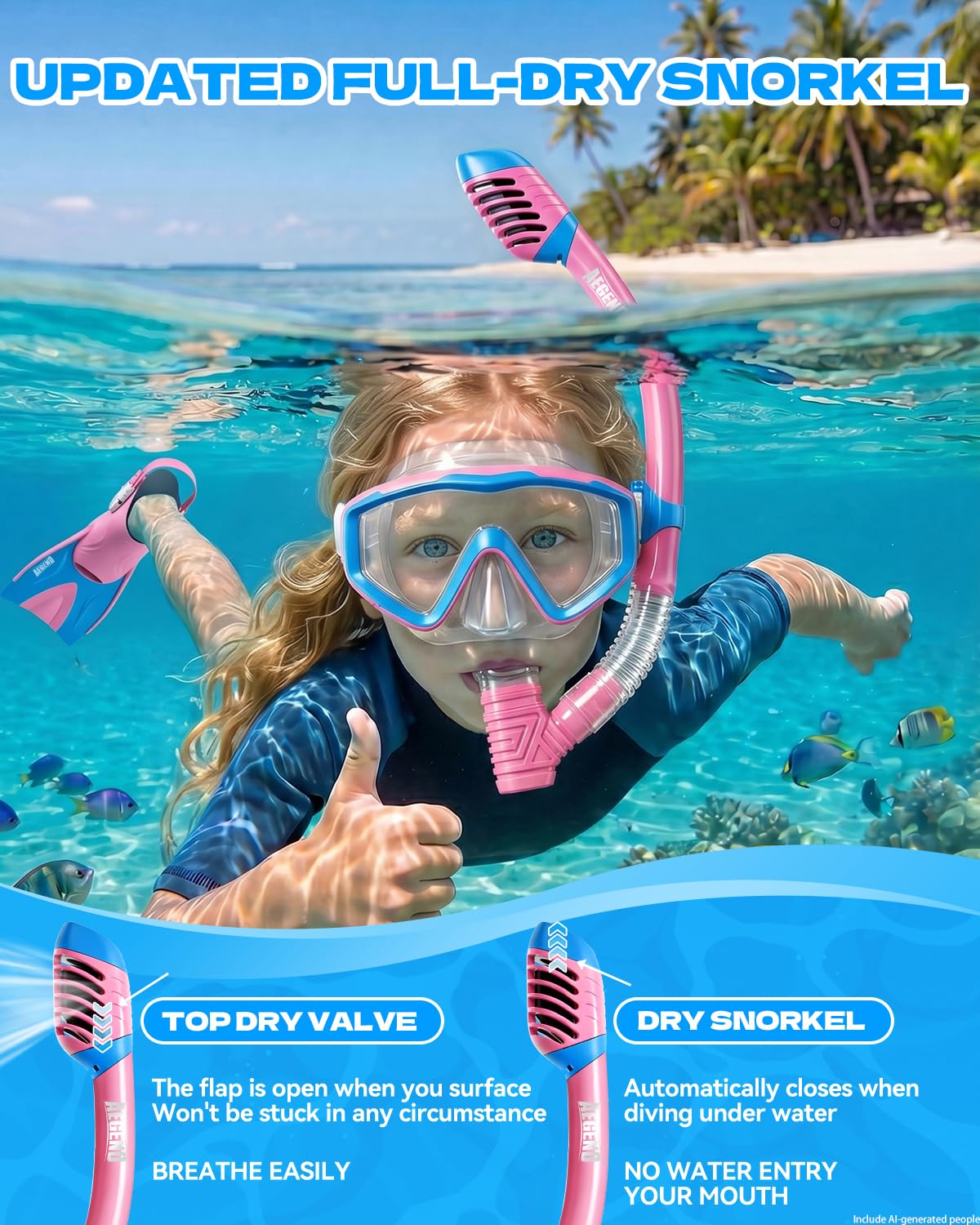 Aegend Snorkeling Gear Set for Kids - Anti-Fog Diving Mask, Adjustable Fins & Dry Snorkel, Full Snorkel Kit for Youth Swimming & Diving (Ages 5-15) (Pink, S/M)