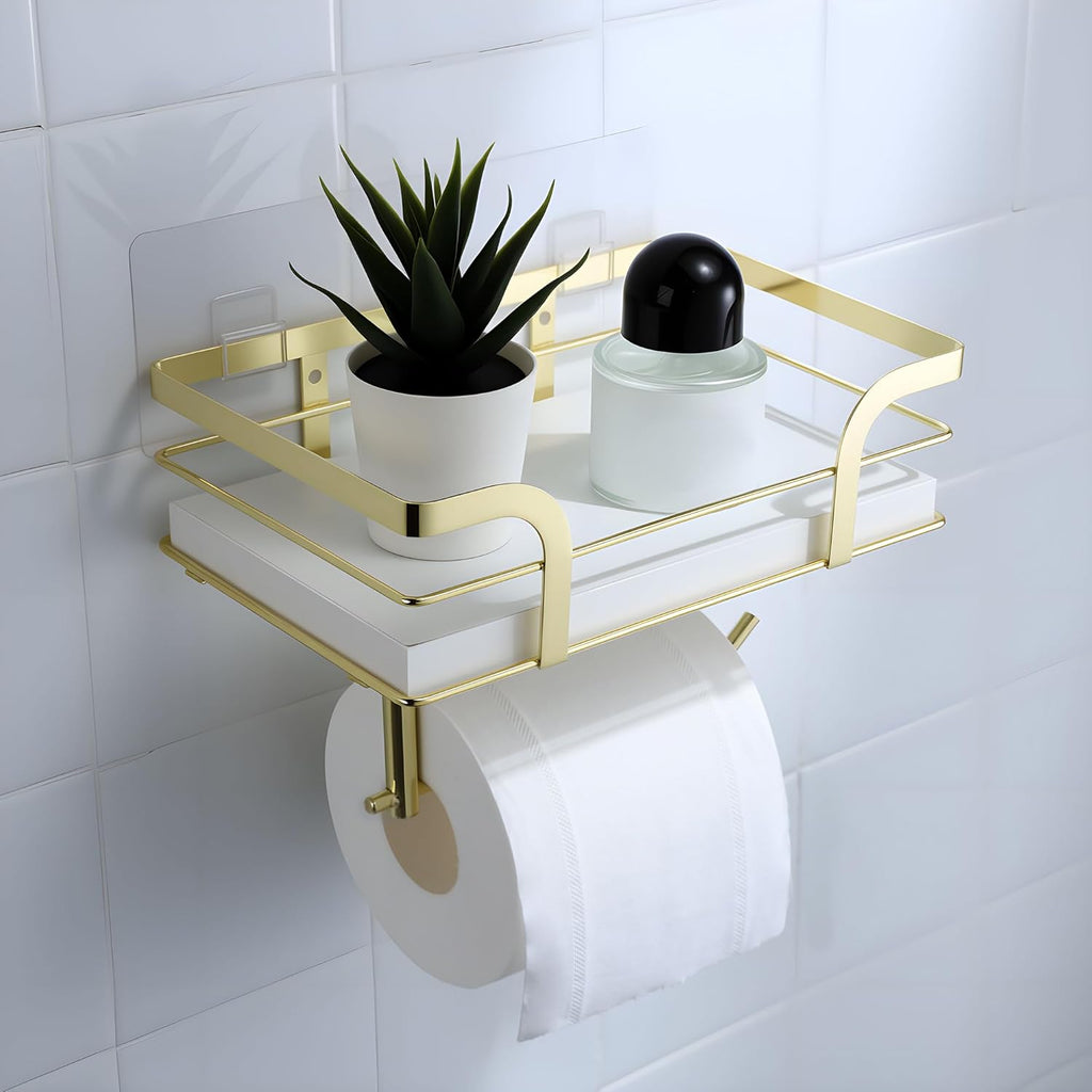 Skiennix Toilet Paper Holder - Modern Bathroom Decor with Shelf | Wall-Mounted, White Wooden Design